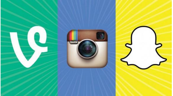 Logos of three social media platforms. The Vine logo is on a vibrant green background on the left, the old Instagram camera logo takes center stage on a calm blue background, and the playful Snapchat ghost logo is set against a vivid yellow background on the right.