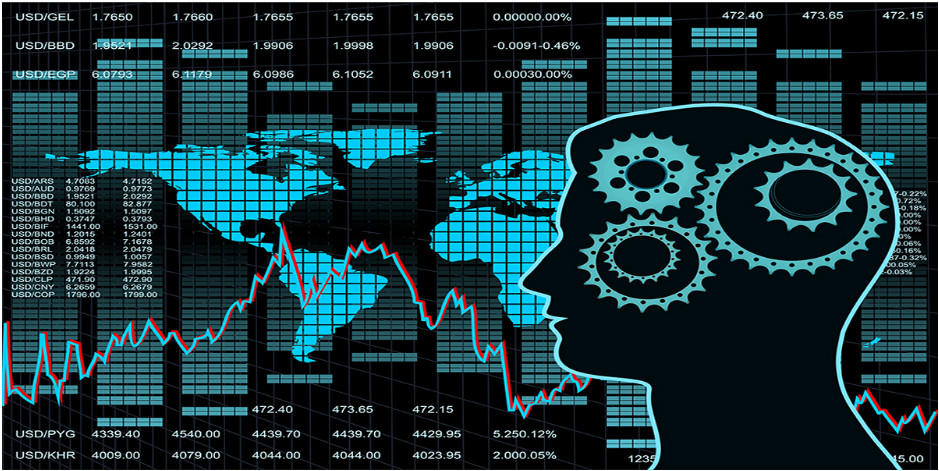 Silhouette of a person with gears in their head against a digital background featuring world maps, stock prices, and financial charts. The theme blends global finance, economics, data analysis, and content marketing strategies for impactful insights.