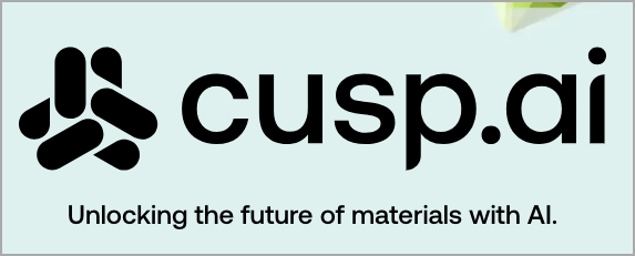 The image showcases the logo of "cusp.ai" with a geometric design on the left, accompanied by bold text. Below, the tagline reads "Unlocking the future of materials with AI Innovations." The background is light blue, symbolizing a strategic overview of their innovative investments.