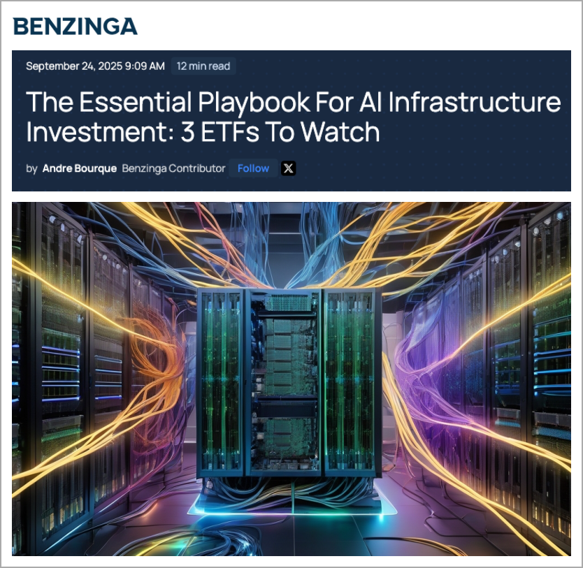 A server room with glowing cables connected to computer racks, featured in an online article titled "The Essential Playbook For AI Infrastructure Investment: 3 ETFs To Watch" on Benzinga's website, highlights key funding trends benefiting AI startups.