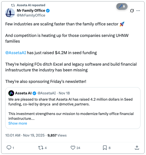Screenshot of a tweet by Mr Family Office announcing Assesta AI raising $4.2M in AI funding to help family offices with tech and legacy software, plus a quoted tweet from Assesta AI confirming the funding.