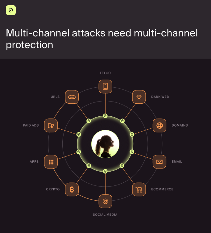 A central user silhouette is surrounded by icons for telco, dark web, domains, email, ecommerce, and more—illustrating the need for multi-channel protection as AI funding and global AI investment accelerate digital threats.