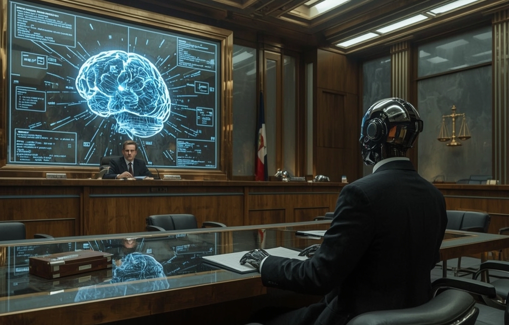 A humanoid robot in a suit sits in a courtroom, facing a judge. Behind them, a large digital brain diagram highlights data and legal AI, emphasizing technology’s role in the modern legal setting.