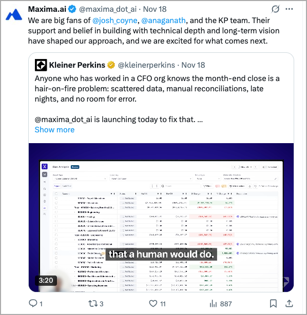 A Twitter post by Maxima.ai highlights support from Kleiner Perkins, featuring a tweet about month-end finance challenges and showcasing how Global AI is transforming financial processes in the video thumbnail.