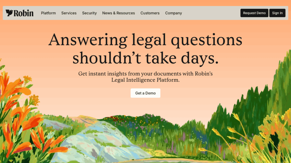 Homepage of Robin, a legal AI platform, featuring a nature-themed illustration, bold text stating “Answering legal questions shouldn’t take days,” and buttons to get a demo or sign in.