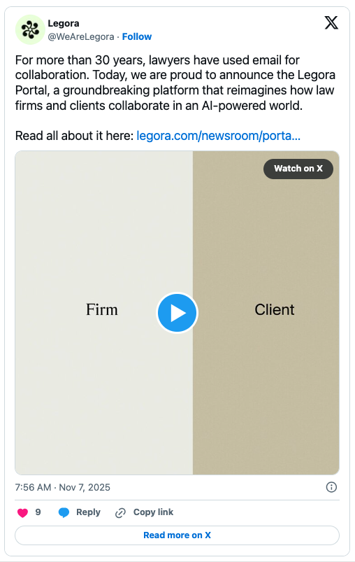 A social media post with a split screen showing 'Firm' on beige and 'Client' on grey, promoting the Legora Portal—an advanced legal AI tool for law firms and clients to collaborate seamlessly.