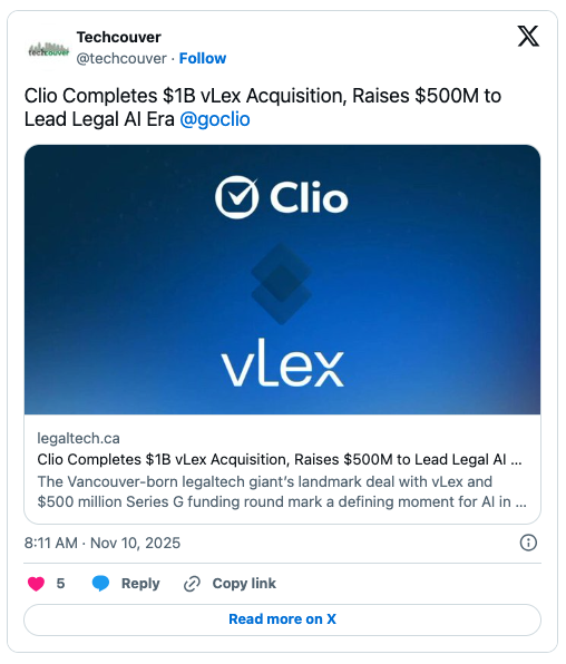 A social media post by Techcouver announces Clio's $1B acquisition of vLex and $500M funding to lead in legal AI. The image highlights Clio and vLex logos on a blue background, emphasizing their push in legal AI innovation.