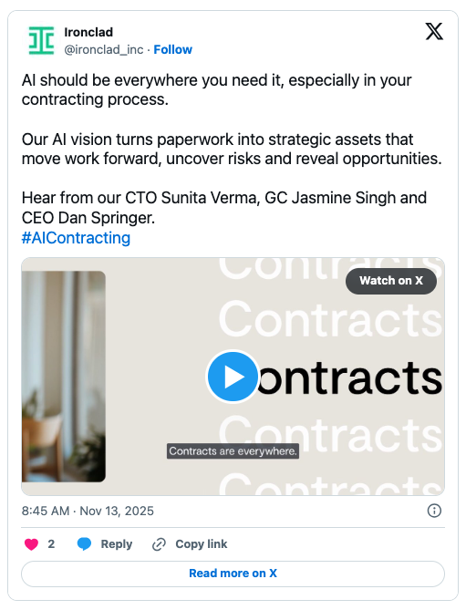 A social media post by Ironclad discusses legal AI in contracting, featuring a paused video with the words “Contracts are everywhere” and a large play button over a blurred workspace background.