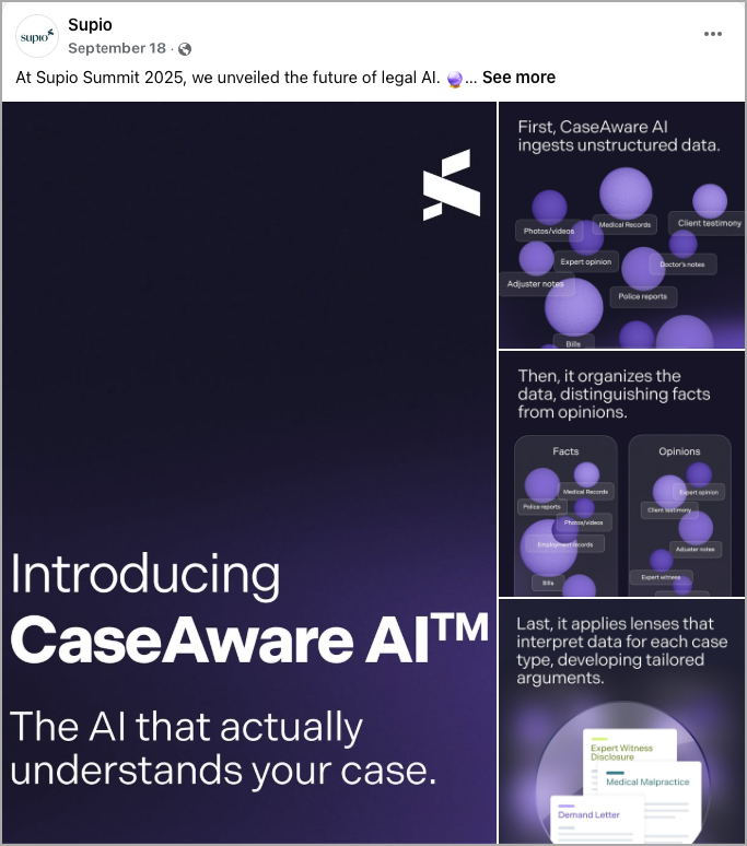A social media post by Supio introduces CaseAware AI™, a legal AI that understands legal cases. Infographics show how it organizes legal data, distinguishes facts from opinions, and applies relevant legal lenses.