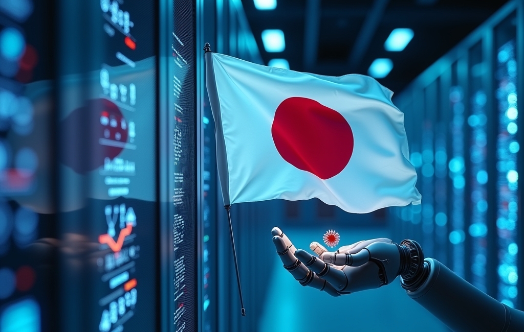 A robotic hand holds a small red flower beside a Japanese flag in a high-tech server room, symbolizing the blend of technology and tradition in Japan amid advancements in AI Training.