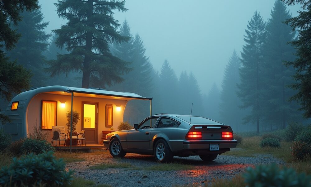 A silver vintage car is parked beside a lit camper trailer in a misty pine forest at dusk. Warm light glows from the trailer’s windows, highlighting the cozy atmosphere and timeless allure of classic cars amid the dense fog and towering pines.