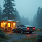 A silver vintage car is parked beside a lit camper trailer in a misty pine forest at dusk. Warm light glows from the trailer’s windows, highlighting the cozy atmosphere and timeless allure of classic cars amid the dense fog and towering pines.