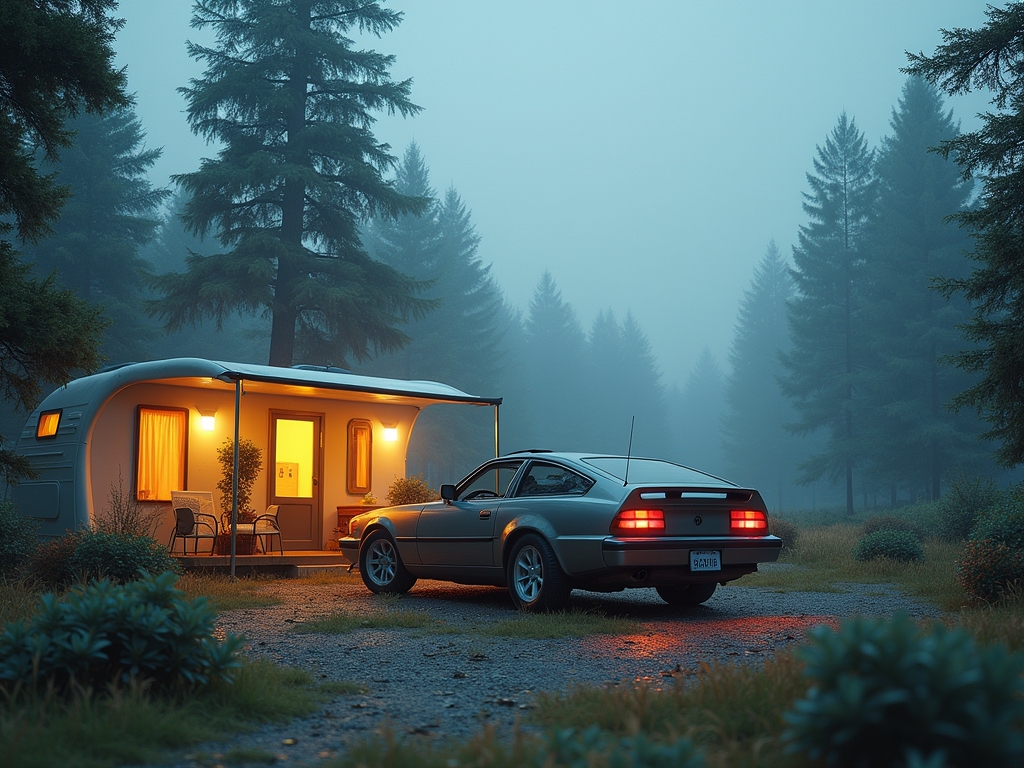 A silver vintage car is parked beside a lit camper trailer in a misty pine forest at dusk. Warm light glows from the trailer’s windows, highlighting the cozy atmosphere and timeless allure of classic cars amid the dense fog and towering pines.