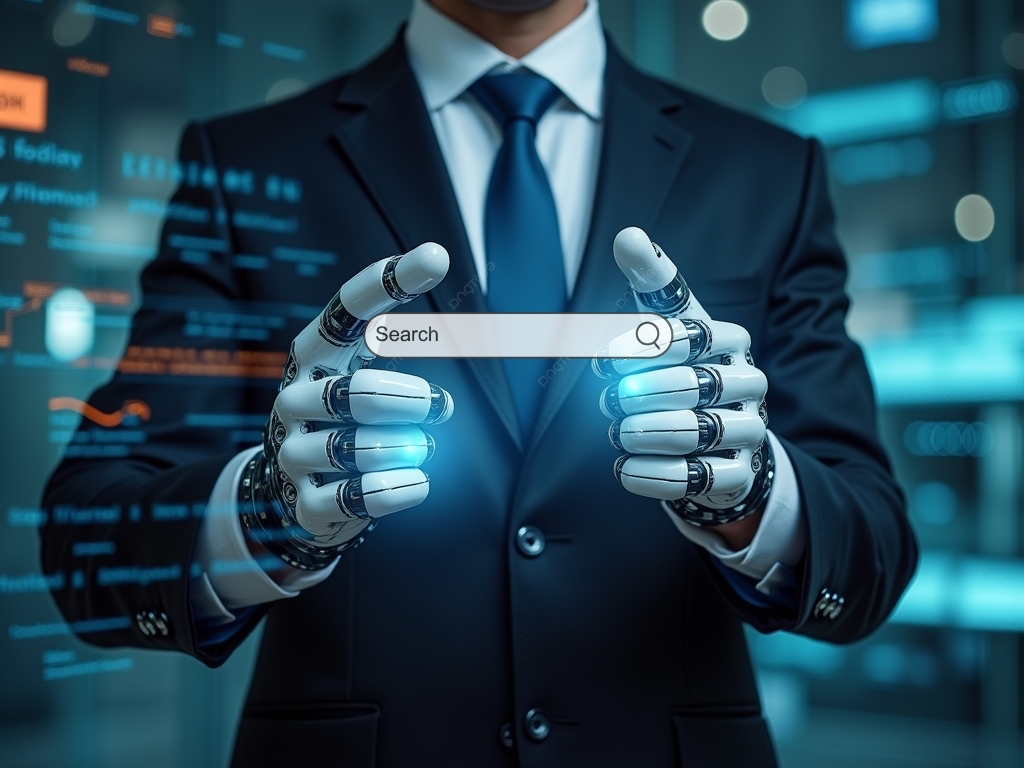A person in a suit with robotic hands holds a virtual search bar, symbolizing artificial intelligence and technology integration in business, with digital data and graphs in the blurred background.