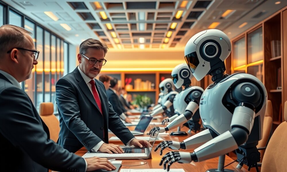 Businessmen in suits and humanoid robots sit across from each other at a conference table in a modern office, collaborating on laptops with Legal AI solutions powering their investment strategies in a futuristic, well-lit setting.