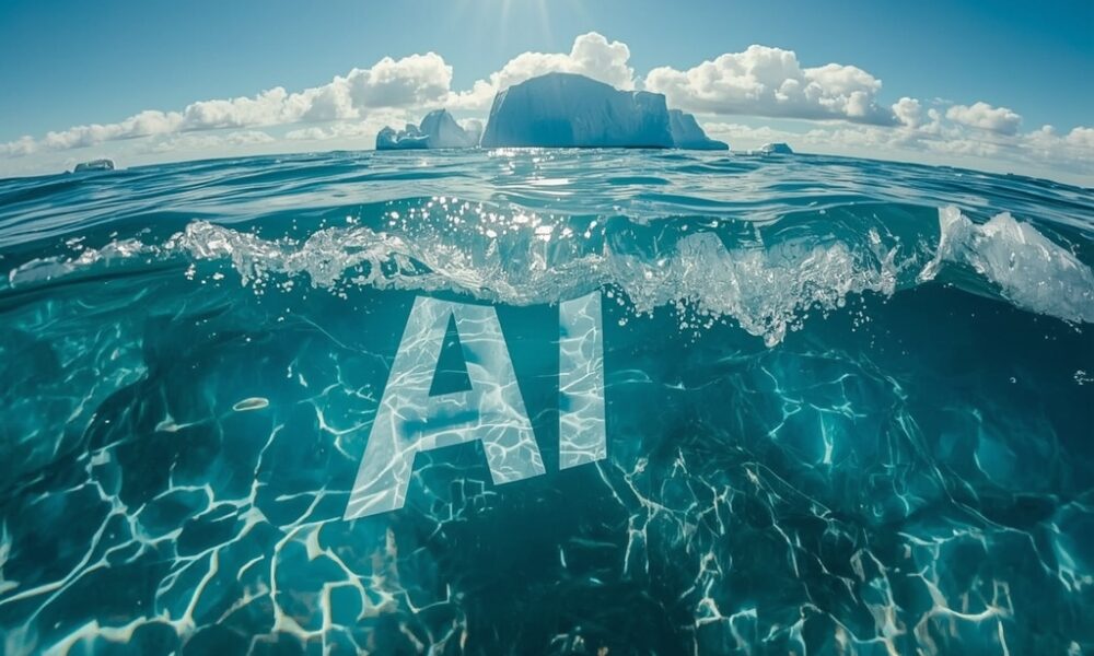 Clear ocean water with "AI" visible beneath the surface, sunlight shining above, and a large iceberg in the background under a blue sky—symbolizing how AI funding uncovers practical solutions just below the surface.
