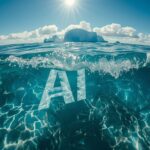 Clear ocean water with "AI" visible beneath the surface, sunlight shining above, and a large iceberg in the background under a blue sky—symbolizing how AI funding uncovers practical solutions just below the surface.