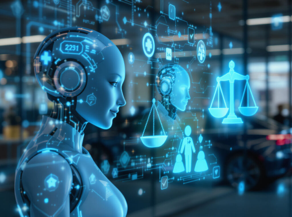 A futuristic humanoid robot looks at floating digital icons, including justice scales, medical symbols, and human profiles, highlighting artificial intelligence’s impact on law, healthcare, society, and the rise of AI startups shaping our future.