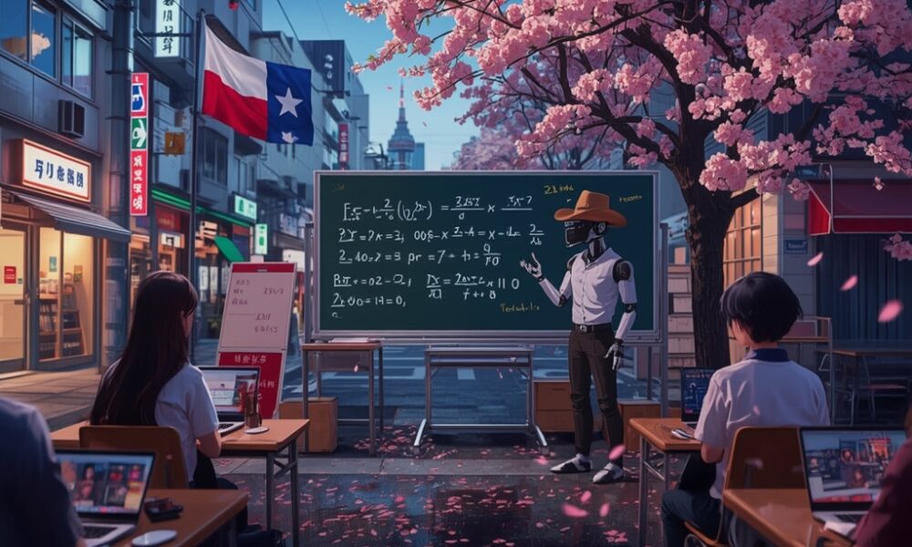 A robot in a cowboy hat teaches math at an outdoor classroom under cherry blossoms, guiding students with laptops on AI Training. A chalkboard with equations and a Chilean flag can be seen in the background on a city street.