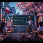 A robot in a cowboy hat teaches math at an outdoor classroom under cherry blossoms, guiding students with laptops on AI Training. A chalkboard with equations and a Chilean flag can be seen in the background on a city street.
