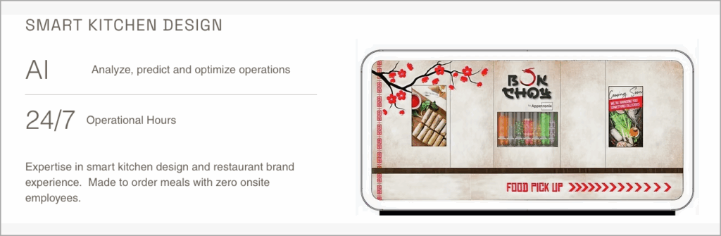 Smart kitchen design concept featuring a modern, automated food pickup kiosk for "Bok Choi" with a vending window, digital displays, and images—perfect for campgrounds seeking 24/7 AI-driven restaurant operations with no onsite employees.