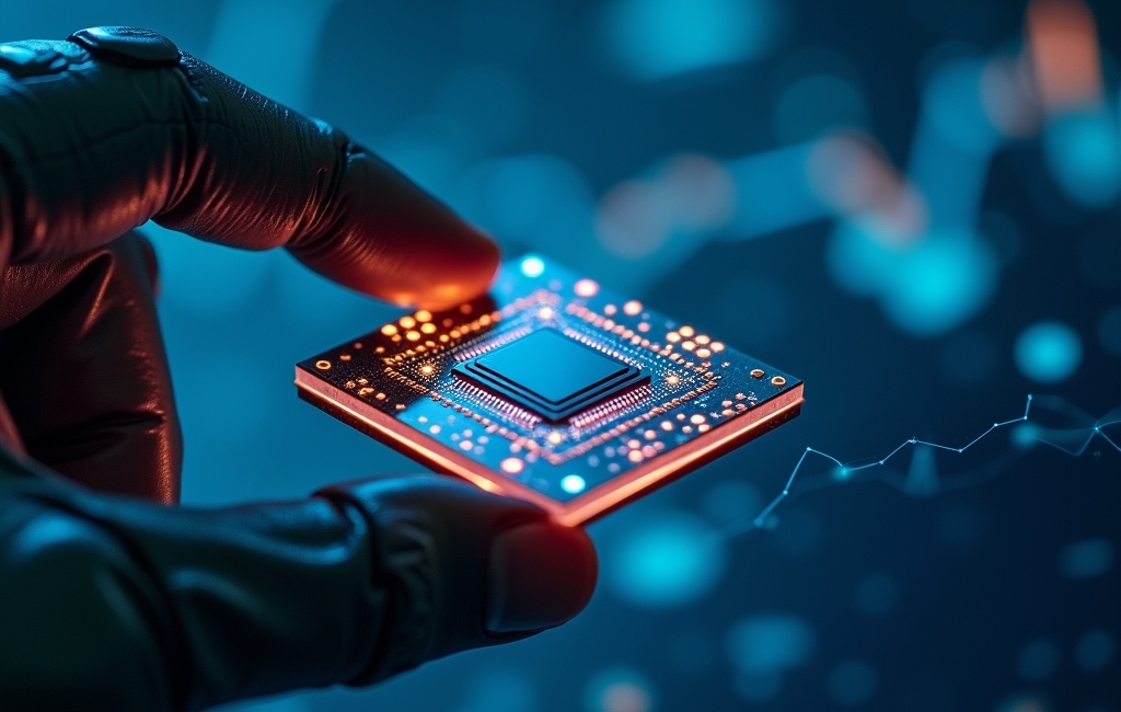 A gloved hand holds a glowing microchip with visible circuits, set against a blurred blue and orange tech-themed background, symbolizing the rapid advancements in Global AI.
